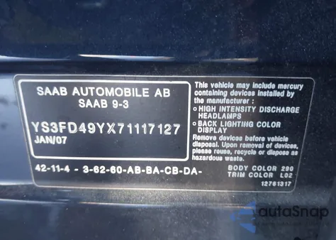 2007 Saab 9-3 2.0T z USA, uszkodzony, nr VIN YS3FD49YX71117127